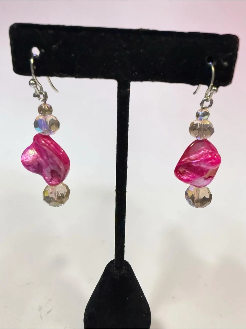 Handmade Fuchsia Mother of Pearl Wave Dangle Earrings Iridescent Crystal Mermaid